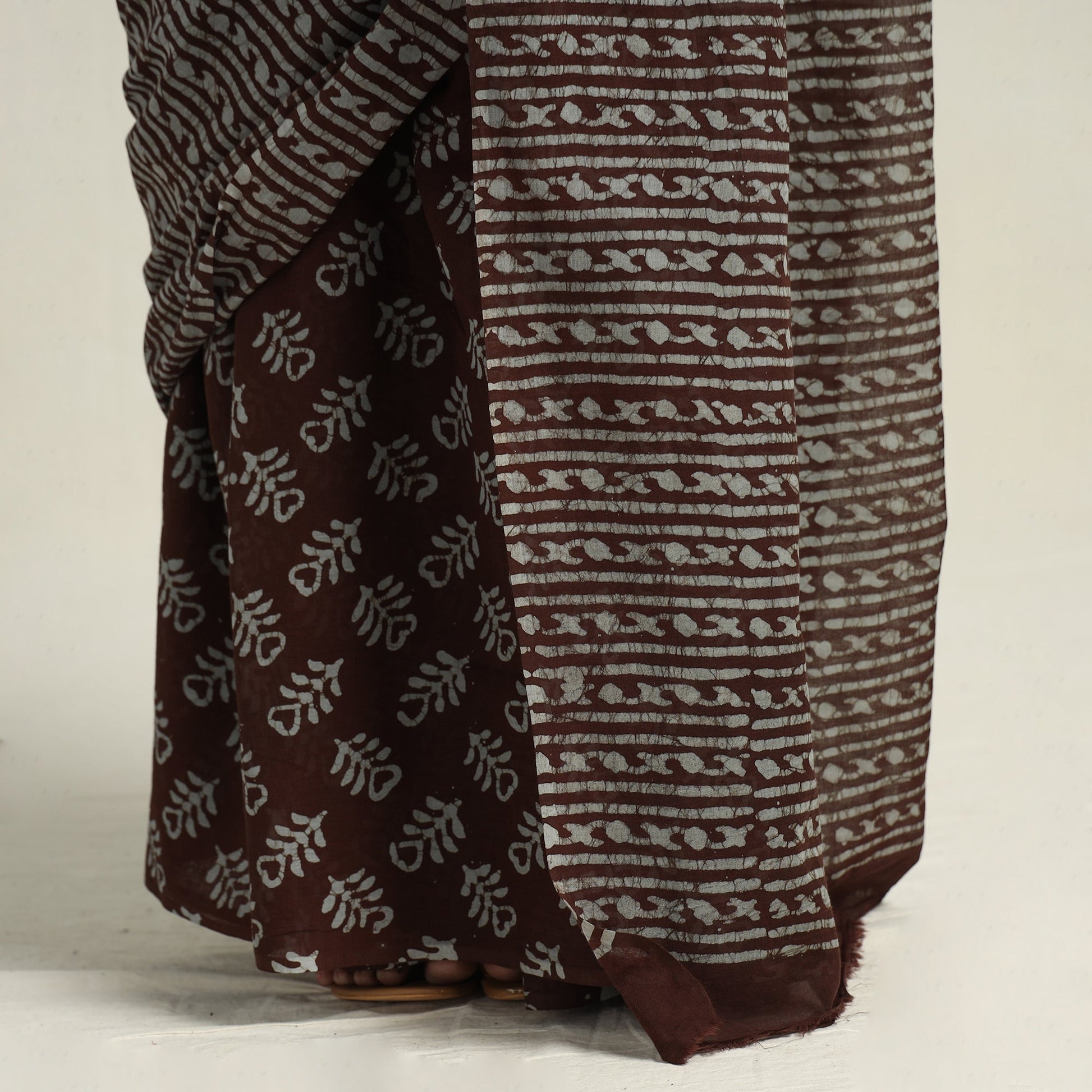 Brown - Mul Cotton Hand Batik Print Saree