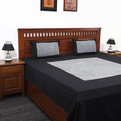 Black - Plain Cotton Double Bed Cover with Block Print Patchwork (94 x 89 In)