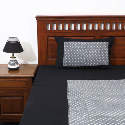 Black - Plain Cotton Double Bed Cover with Block Print Patchwork (94 x 89 In)