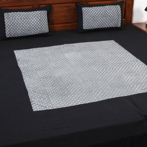 Black - Plain Cotton Double Bed Cover with Block Print Patchwork (94 x 89 In)