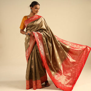 Brown - Banarasi Handloom Pure Katan Silk Kaduwa Zari Buti Saree