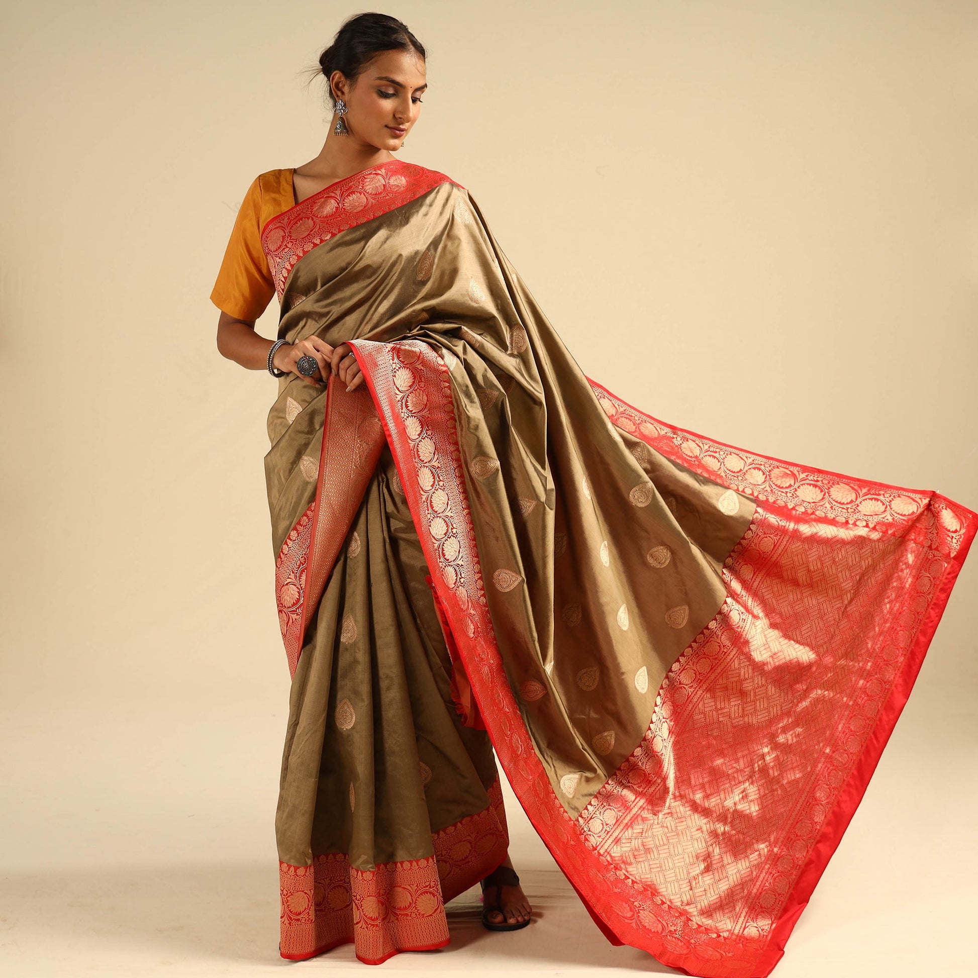 Brown - Banarasi Handloom Pure Katan Silk Kaduwa Zari Buti Saree