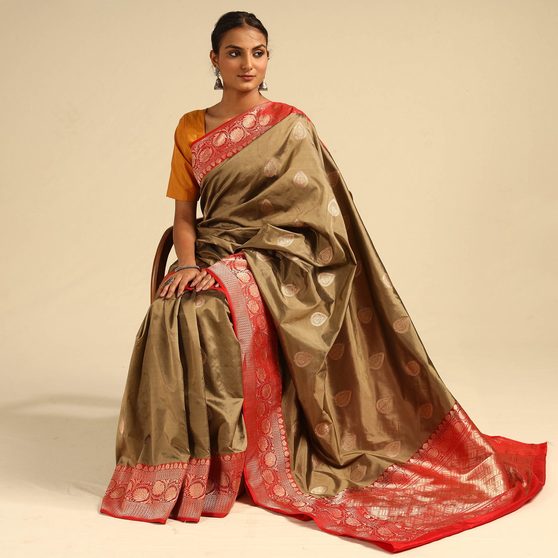 Brown - Banarasi Handloom Pure Katan Silk Kaduwa Zari Buti Saree