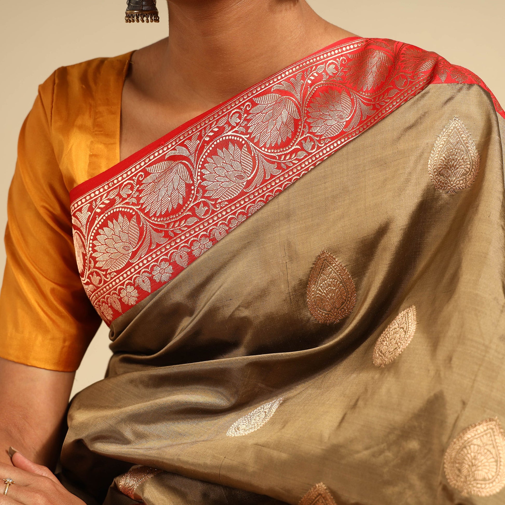 Brown - Banarasi Handloom Pure Katan Silk Kaduwa Zari Buti Saree