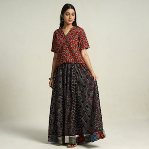 Black - Ajrakh Block Printed 24 Kali Patchwork Cotton Long Skirt 33