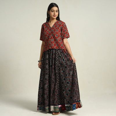 Black - Ajrakh Block Printed 24 Kali Patchwork Cotton Long Skirt 33