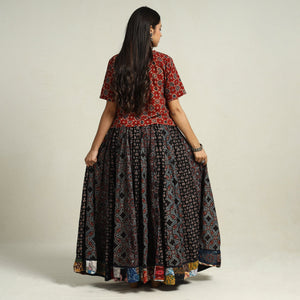 Black - Ajrakh Block Printed 24 Kali Patchwork Cotton Long Skirt 33