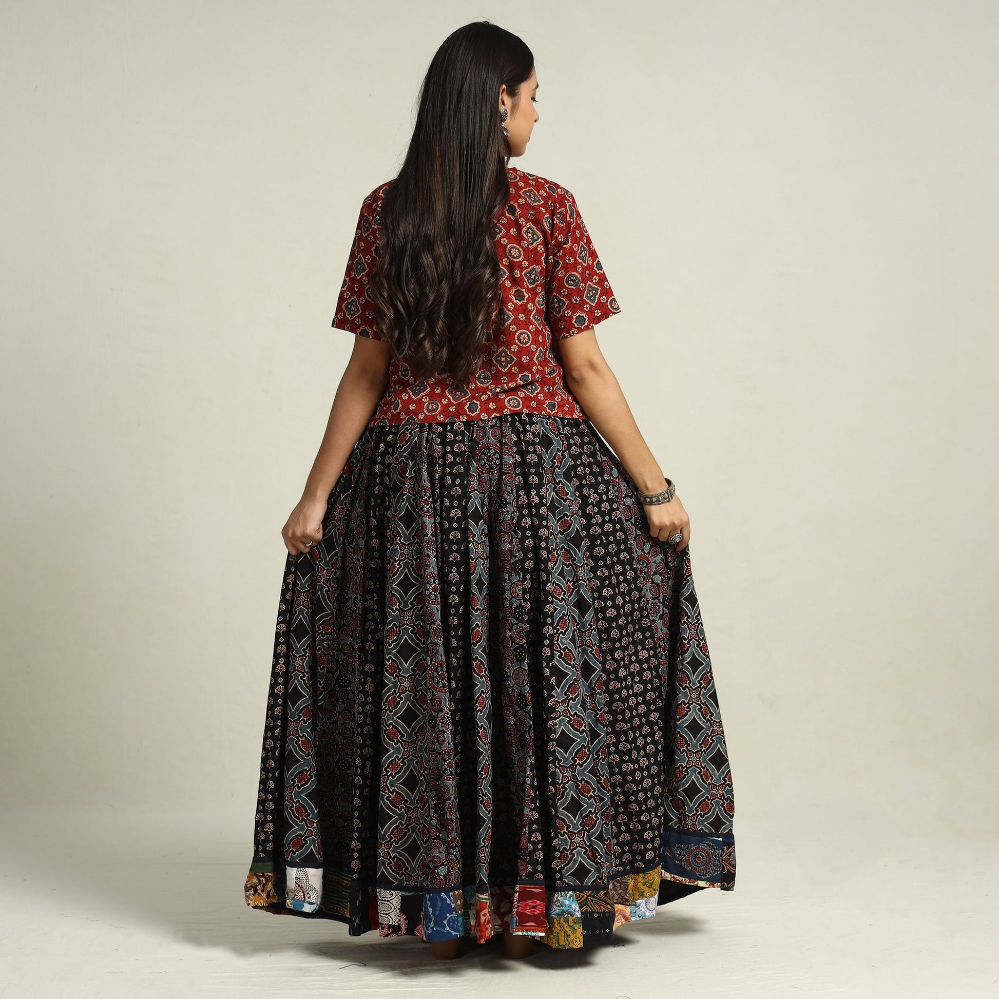 Black - Ajrakh Block Printed 24 Kali Patchwork Cotton Long Skirt 33
