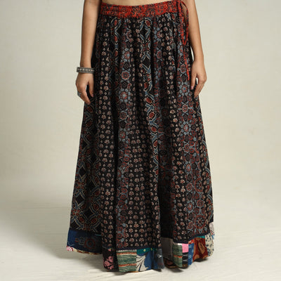 Black - Ajrakh Block Printed 24 Kali Patchwork Cotton Long Skirt 33