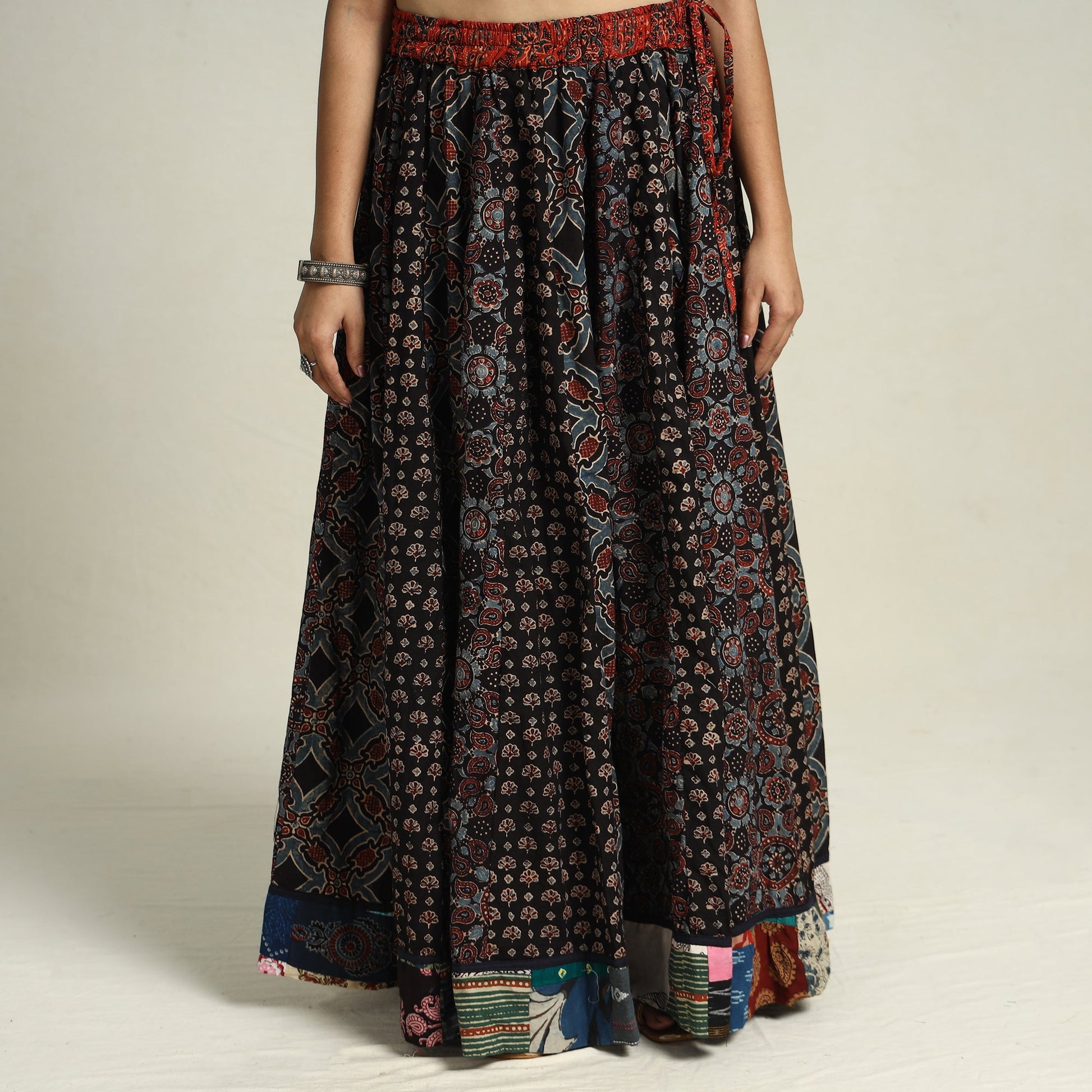 Black - Ajrakh Block Printed 24 Kali Patchwork Cotton Long Skirt 33