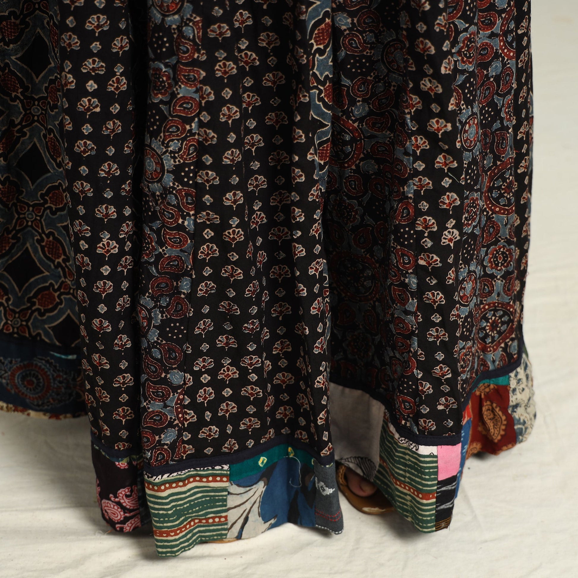 Black - Ajrakh Block Printed 24 Kali Patchwork Cotton Long Skirt 33