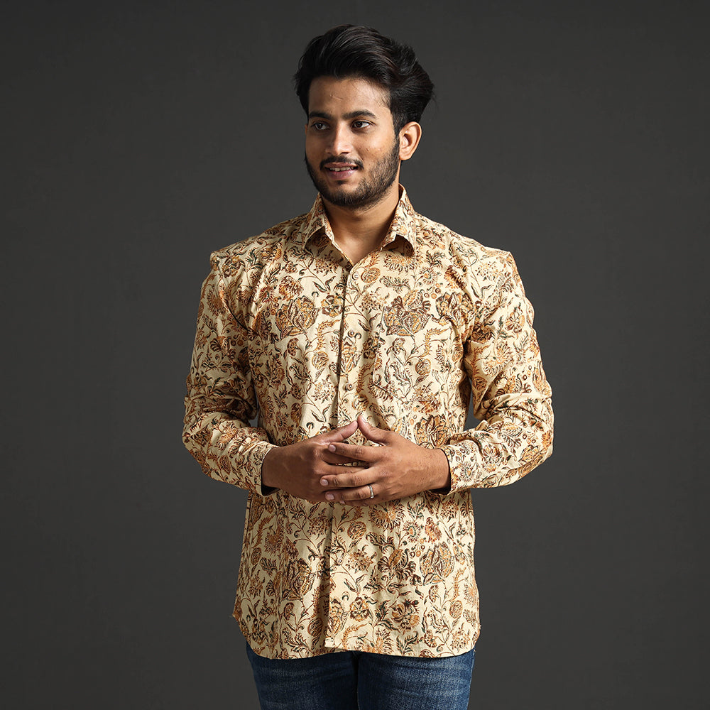 Beige - Premium Pedana Kalamkari Block Printed Cotton Men Full Sleeve Shirt