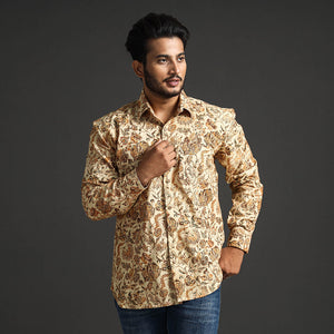 Beige - Premium Pedana Kalamkari Block Printed Cotton Men Full Sleeve Shirt