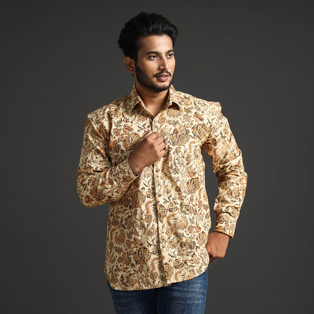 Beige - Premium Pedana Kalamkari Block Printed Cotton Men Full Sleeve Shirt