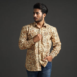 Beige - Premium Pedana Kalamkari Block Printed Cotton Men Full Sleeve Shirt
