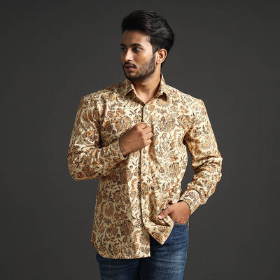 Beige - Premium Pedana Kalamkari Block Printed Cotton Men Full Sleeve Shirt
