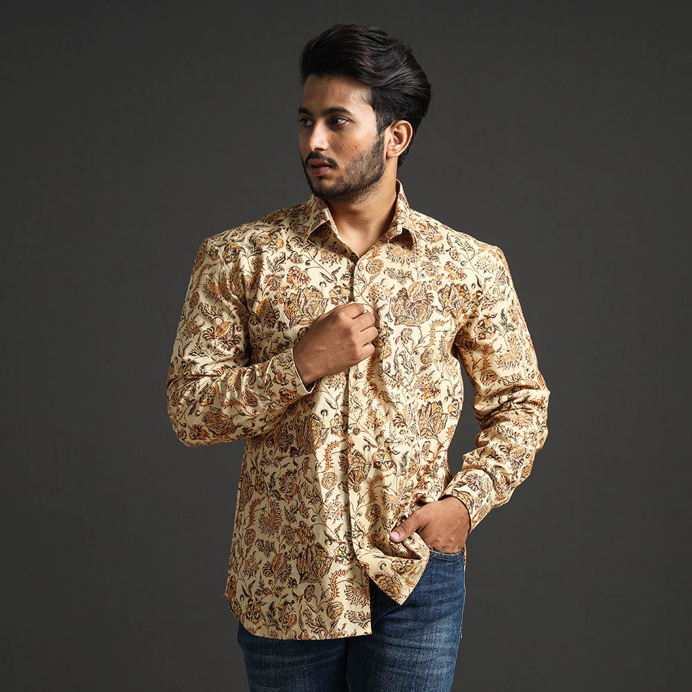 Beige - Premium Pedana Kalamkari Block Printed Cotton Men Full Sleeve Shirt
