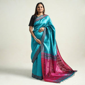 Blue - Bhagalpuri Handloom Desi Tussar Silk Zari Border Saree
