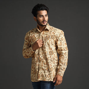 Beige - Premium Pedana Kalamkari Block Printed Cotton Men Full Sleeve Shirt