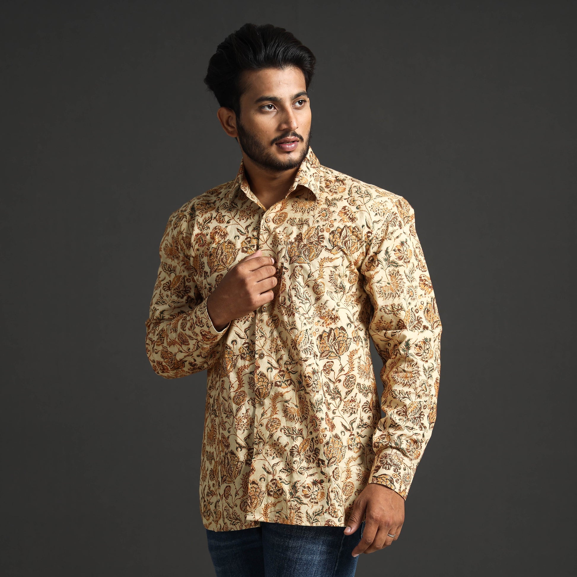 Beige - Premium Pedana Kalamkari Block Printed Cotton Men Full Sleeve Shirt