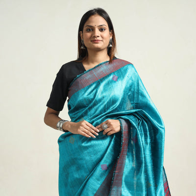 Blue - Bhagalpuri Handloom Desi Tussar Silk Zari Border Saree