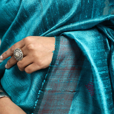 Blue - Bhagalpuri Handloom Desi Tussar Silk Zari Border Saree