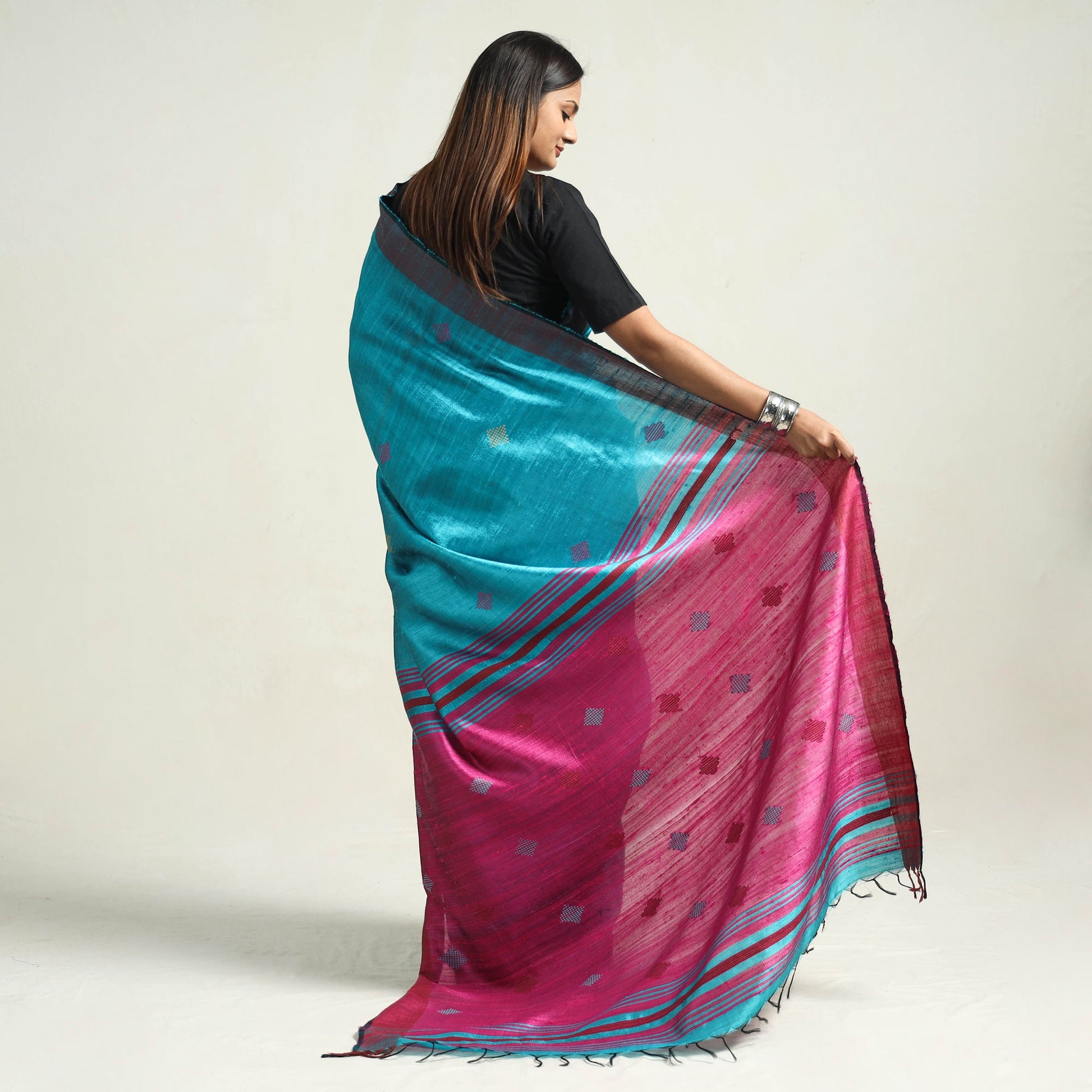 Blue - Bhagalpuri Handloom Desi Tussar Silk Zari Border Saree