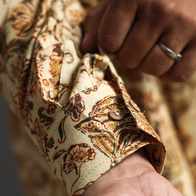 Beige - Premium Pedana Kalamkari Block Printed Cotton Men Full Sleeve Shirt