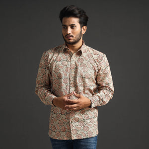 Beige - Premium Pedana Kalamkari Block Printed Cotton Men Full Sleeve Shirt