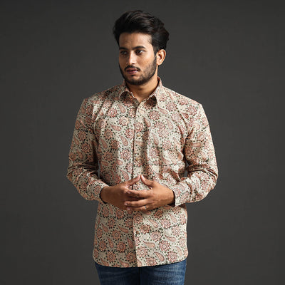 Beige - Premium Pedana Kalamkari Block Printed Cotton Men Full Sleeve Shirt