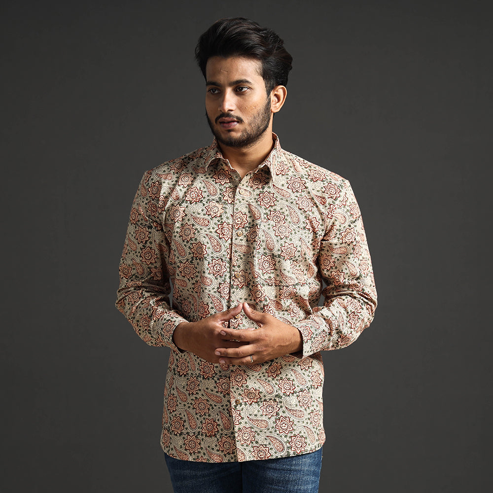 Beige - Premium Pedana Kalamkari Block Printed Cotton Men Full Sleeve Shirt