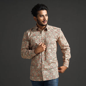Beige - Premium Pedana Kalamkari Block Printed Cotton Men Full Sleeve Shirt