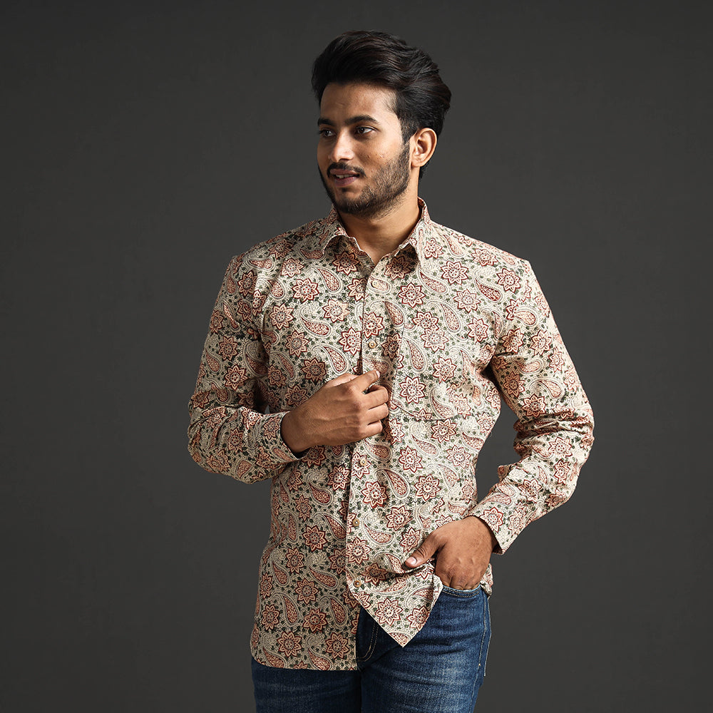 Beige - Premium Pedana Kalamkari Block Printed Cotton Men Full Sleeve Shirt