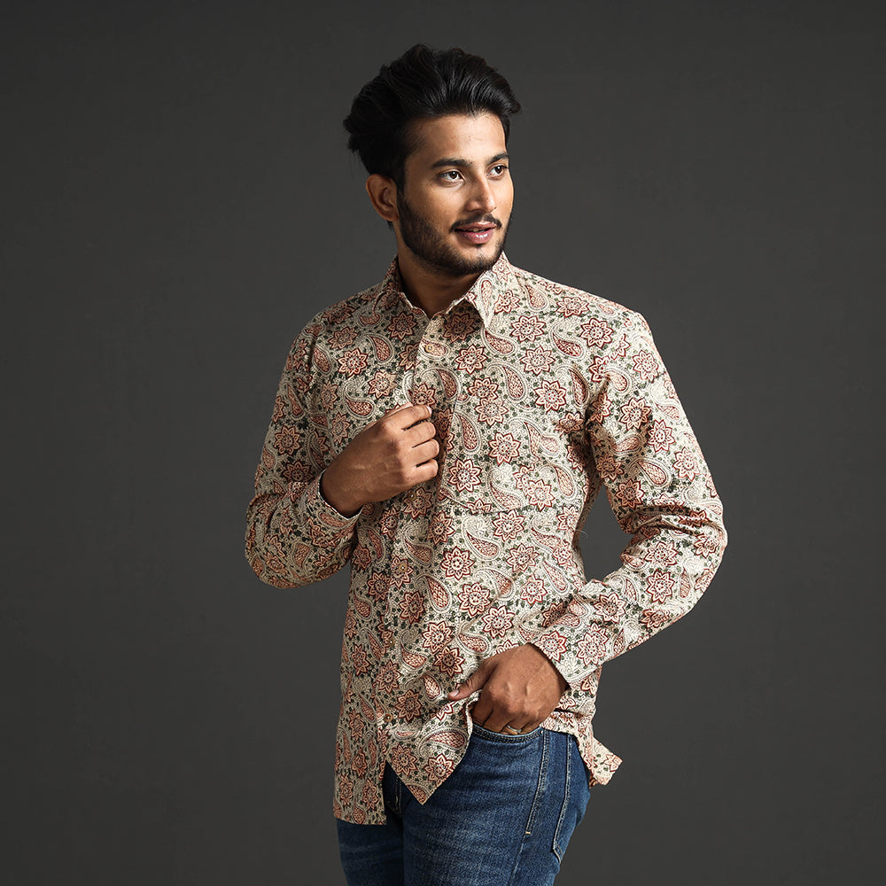 Beige - Premium Pedana Kalamkari Block Printed Cotton Men Full Sleeve Shirt