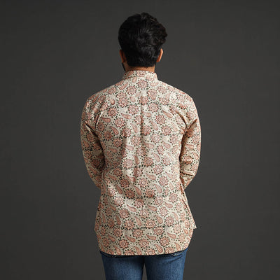 Beige - Premium Pedana Kalamkari Block Printed Cotton Men Full Sleeve Shirt