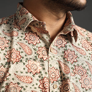 Beige - Premium Pedana Kalamkari Block Printed Cotton Men Full Sleeve Shirt