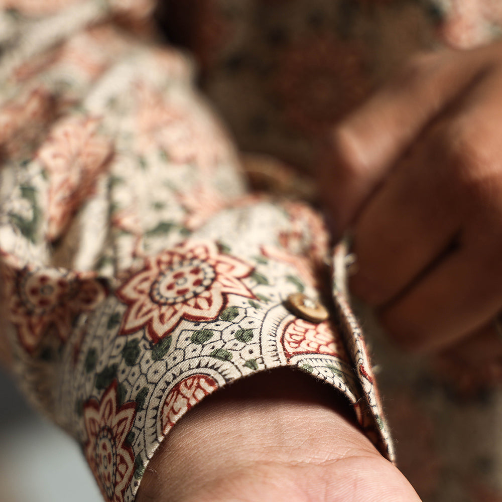 Beige - Premium Pedana Kalamkari Block Printed Cotton Men Full Sleeve Shirt