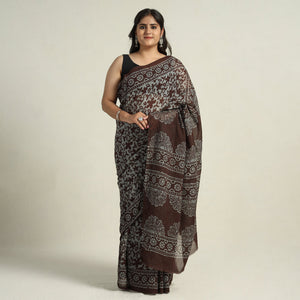 Brown - Mul Cotton Hand Batik Print Saree