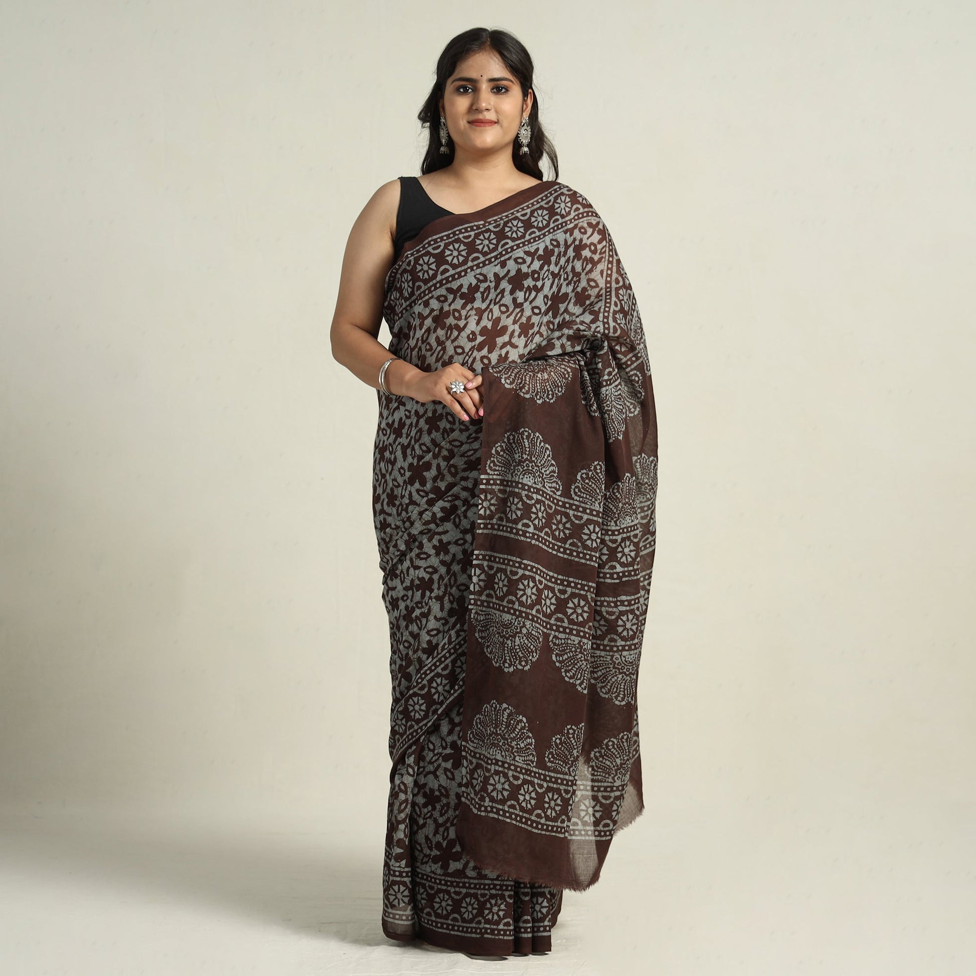 Brown - Mul Cotton Hand Batik Print Saree