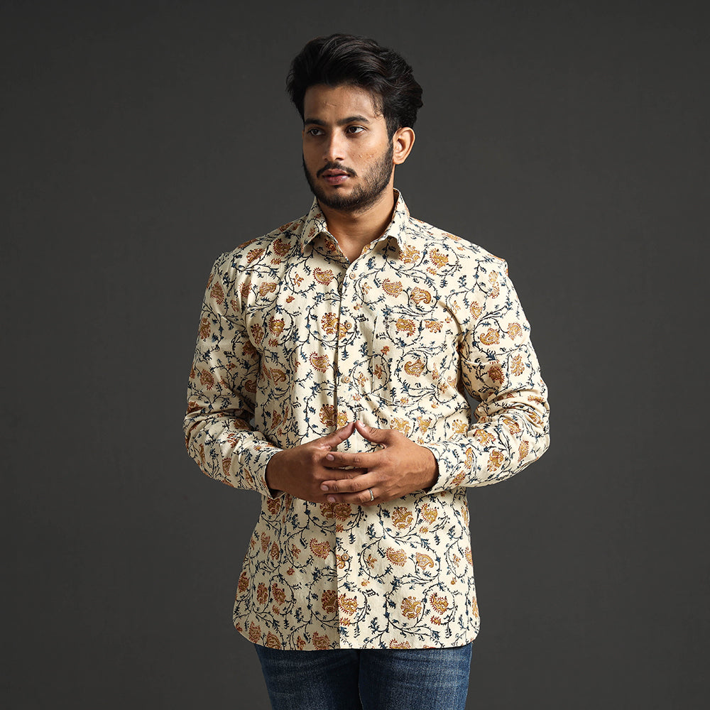 Beige - Premium Pedana Kalamkari Block Printed Cotton Men Full Sleeve Shirt