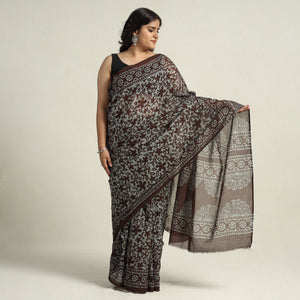 Brown - Mul Cotton Hand Batik Print Saree