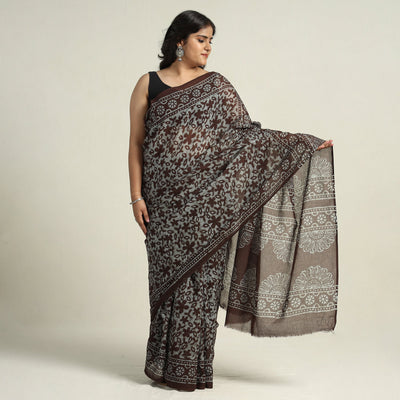 Brown - Mul Cotton Hand Batik Print Saree