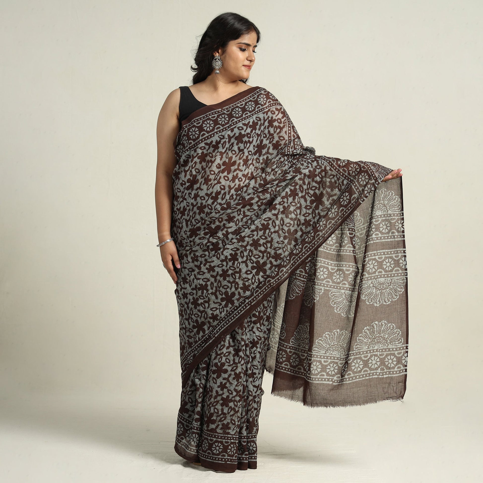 Brown - Mul Cotton Hand Batik Print Saree