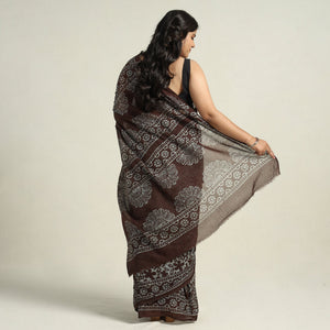 Brown - Mul Cotton Hand Batik Print Saree