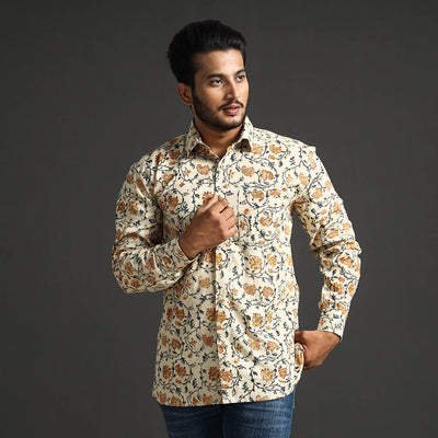 Beige - Premium Pedana Kalamkari Block Printed Cotton Men Full Sleeve Shirt