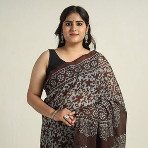 Brown - Mul Cotton Hand Batik Print Saree