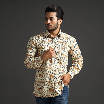 Beige - Premium Pedana Kalamkari Block Printed Cotton Men Full Sleeve Shirt