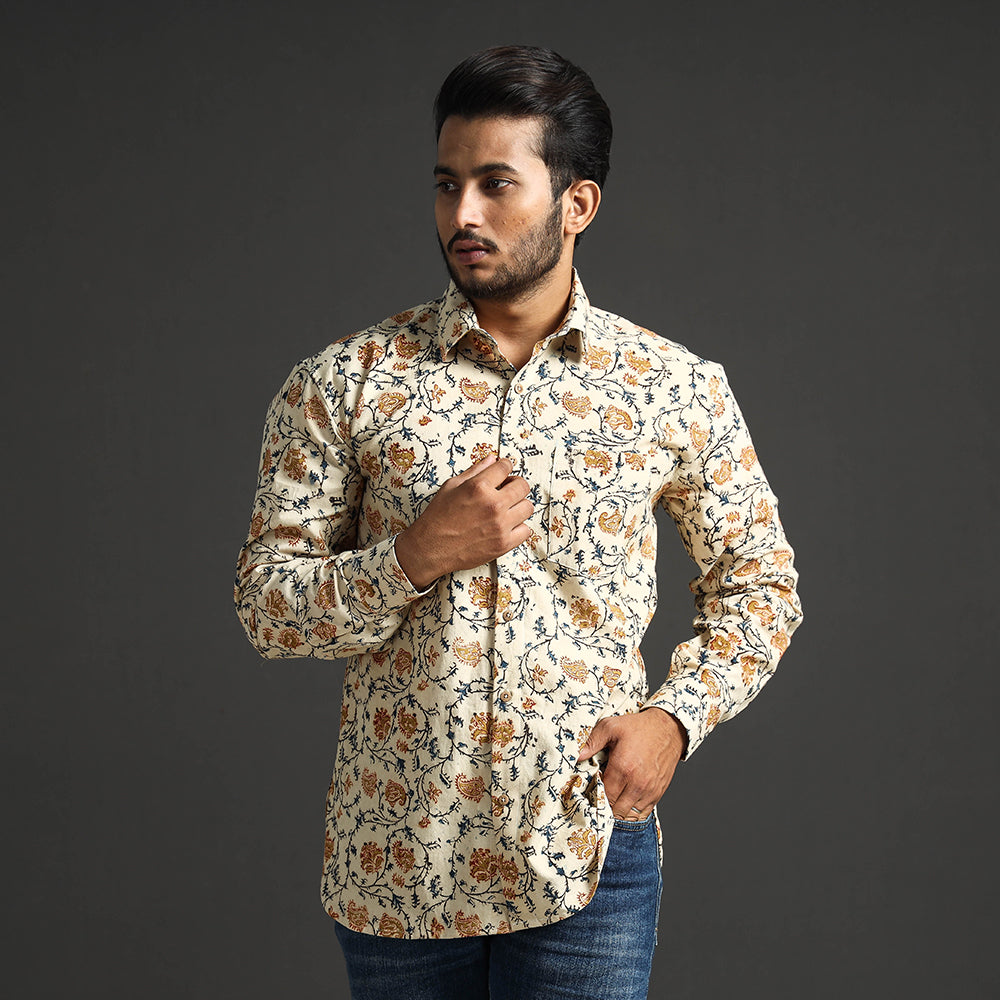 Beige - Premium Pedana Kalamkari Block Printed Cotton Men Full Sleeve Shirt