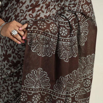 Brown - Mul Cotton Hand Batik Print Saree