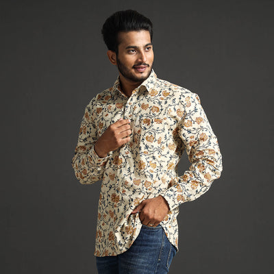 Beige - Premium Pedana Kalamkari Block Printed Cotton Men Full Sleeve Shirt